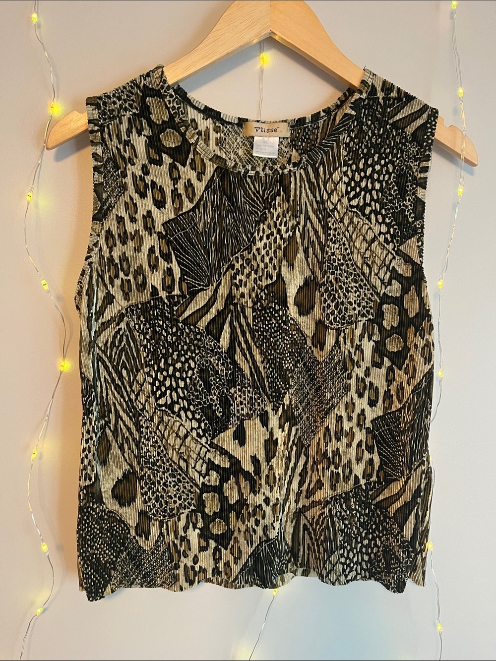 Pleated Animal-Print Sleeveless Tank Top - Black & Tan
